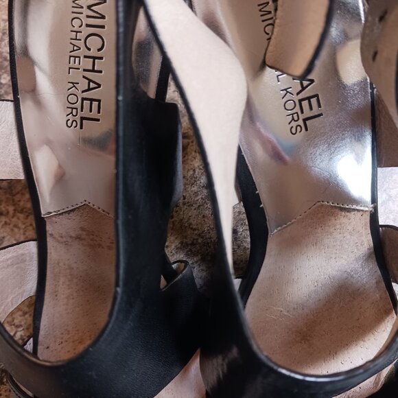 Michael Kors Carla Black Leather Platform Open Toe Cone Heels - Picture 14 of 16